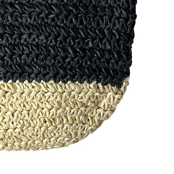 Talbots Hand Crochet Straw Circle Handle Tote Bag Colorblock Brown Cream Tan NEW - Picture 4 of 9